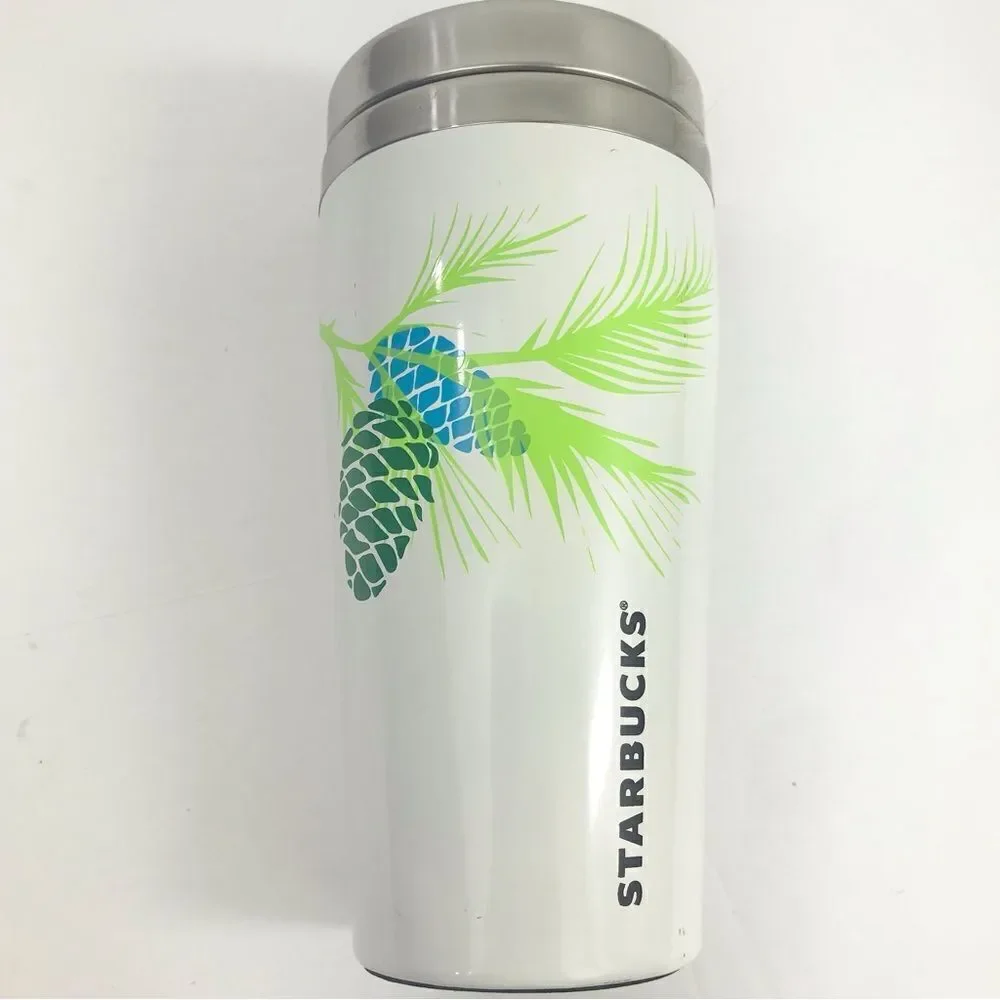 Starbucks White Travel Tumbler Green and Blue Pine Cone and Branch Design